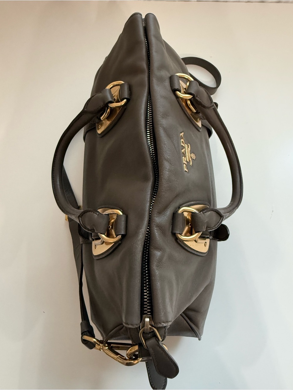 Prada Taupe Gray Leather Satchel Crossbody Bag with Gold Hardware Vitello Daino - Picture 13 of 15